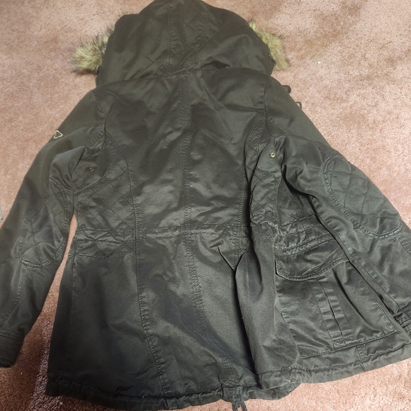 Guess Dark Green Hooded Jacket with Fur Trim - Picture 1 of 2